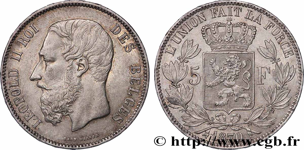 BELGIQUE - ROYAUME DE BELGIQUE - LÉOPOLD II 5 Francs 1870  TTB+ 