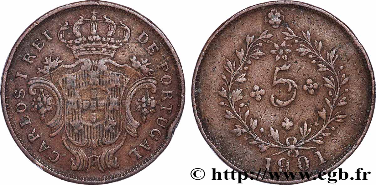 AÇORES 5 Réis Charles Ier 1901  TTB 