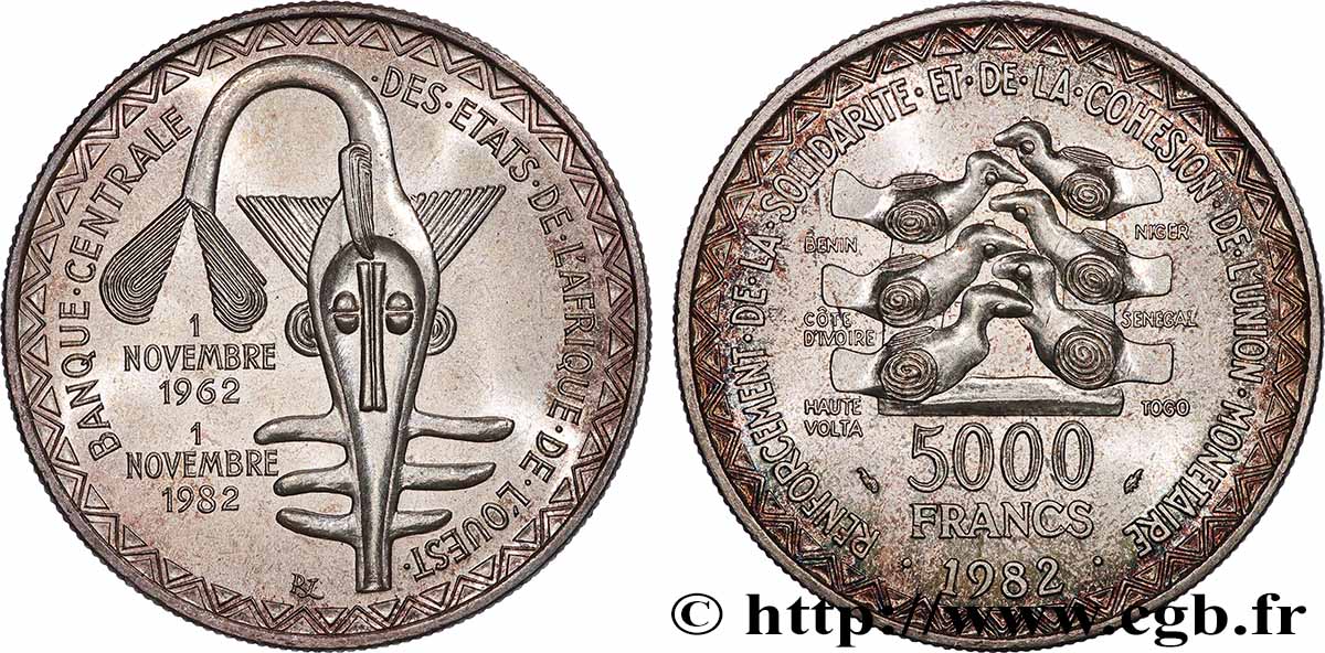 ÉTATS DE L&nbsp;AFRIQUE DE L&nbsp;OUEST (BCEAO) 5000 Francs masque 1982 Paris SPL 