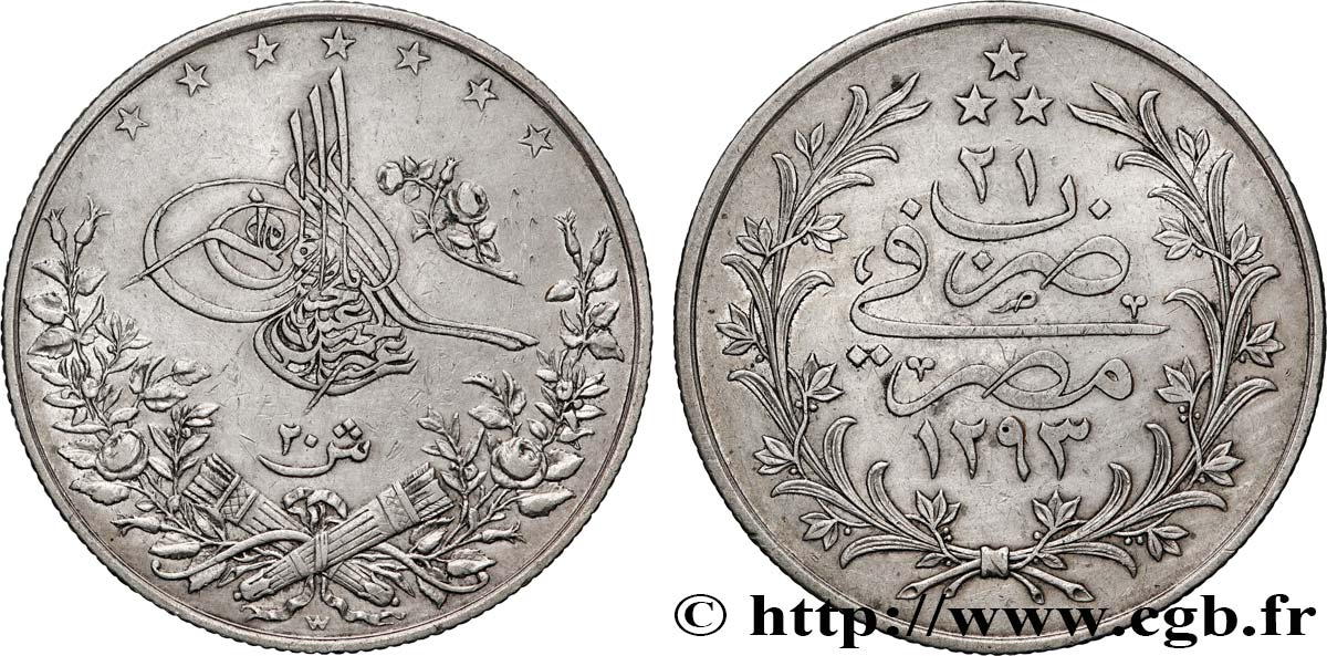 EGYPT 20 Qirsh Abdul Hamid II an 21 AH 1293 (1313) 1896 Misr XF 