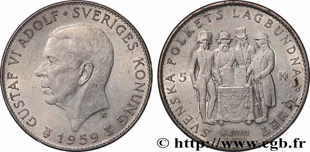 SUÈDE 5 Kronor 150 ans de la Constitution 1959  SUP 