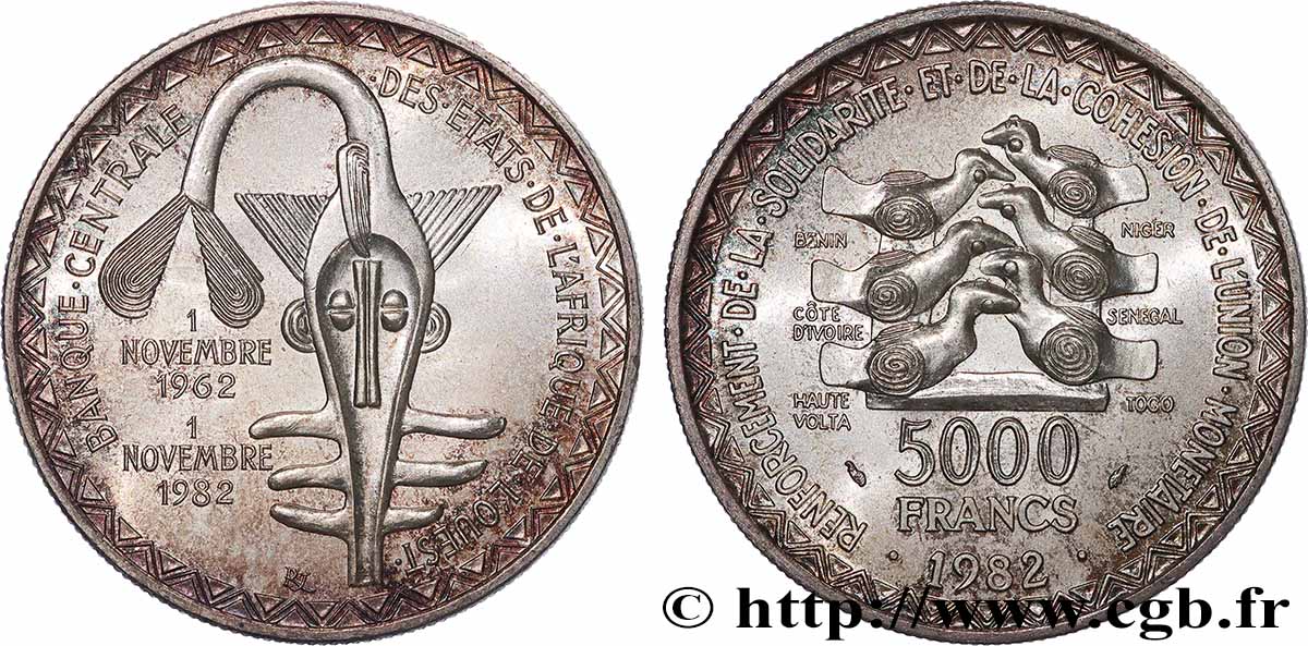 ÉTATS DE L&nbsp;AFRIQUE DE L&nbsp;OUEST (BCEAO) 5000 Francs masque 1982 Paris SPL 