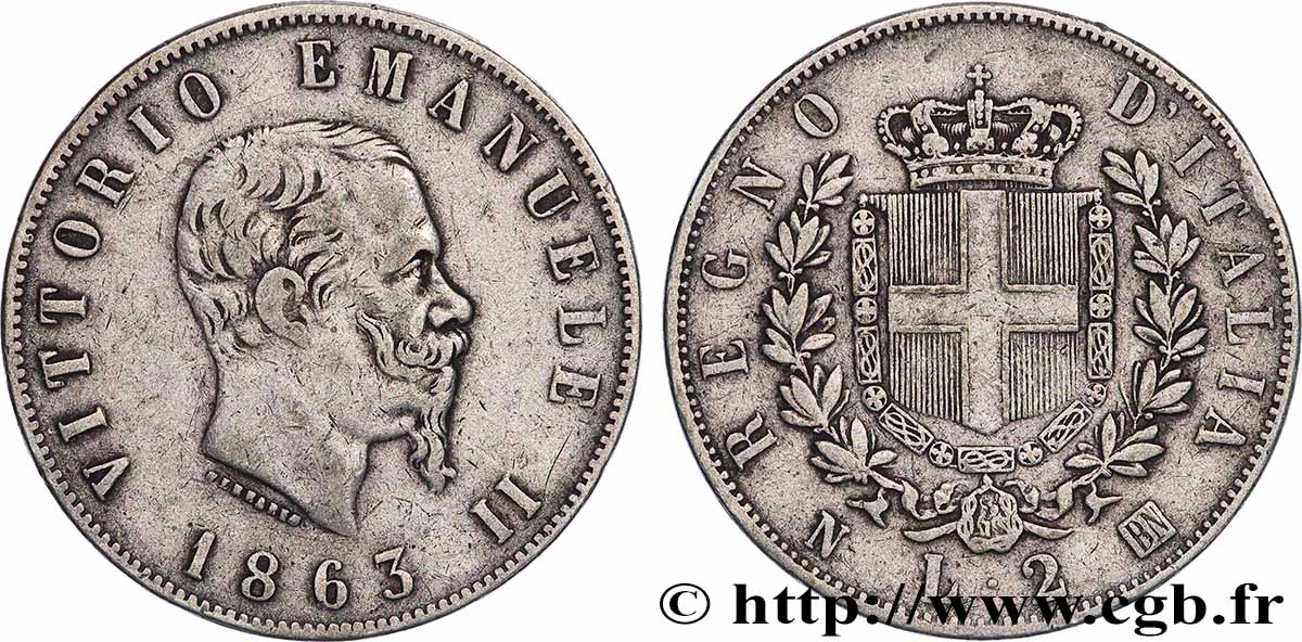 ITALIE 2 Lire Victor Emmanuel II 1863 Naples TTB 