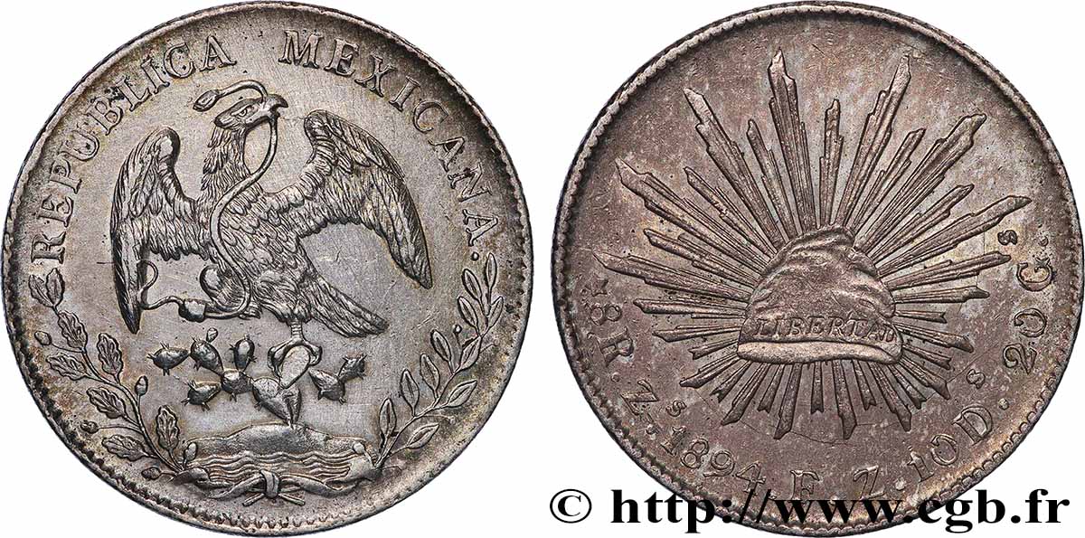 MEXIQUE 8 Reales Aigle / bonnet phrygien sur soleil avec contremarques 1894 Zacatecas Zs TTB+ 