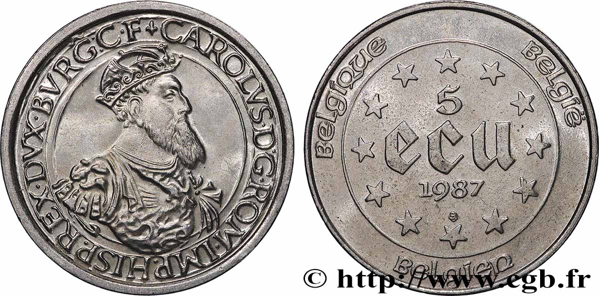 BELGIQUE 5 Ecu Proof Charles Quint 1987  SPL 