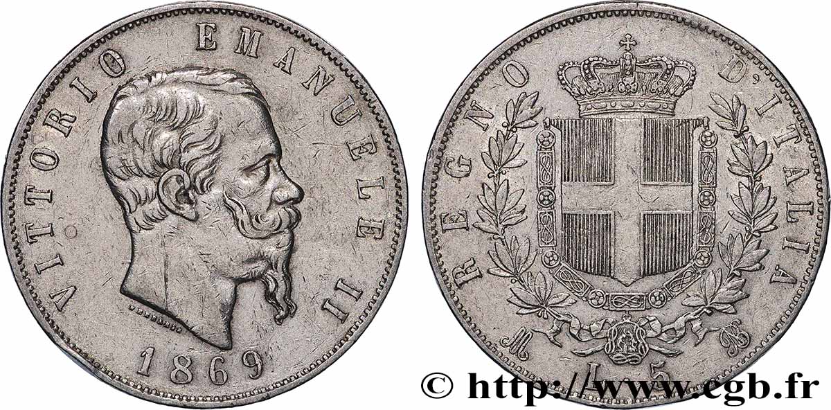 ITALIE 5 Lire Victor Emmanuel II 1869 Milan TB+ 