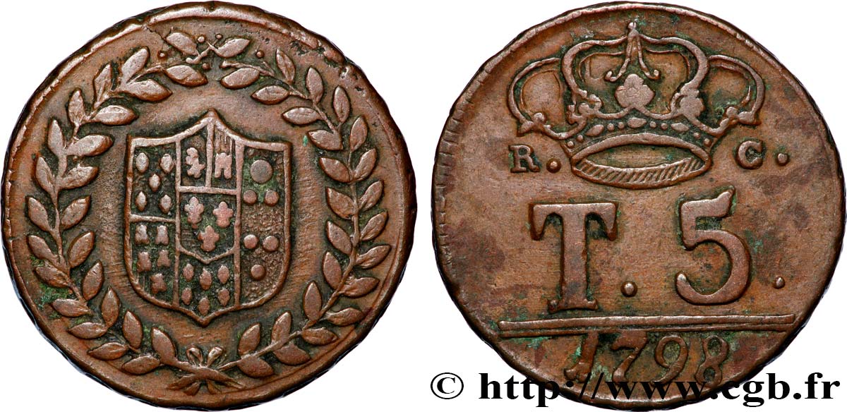 ITALY - KINGDOM OF NAPLES 5 Tornesi 1798  XF 