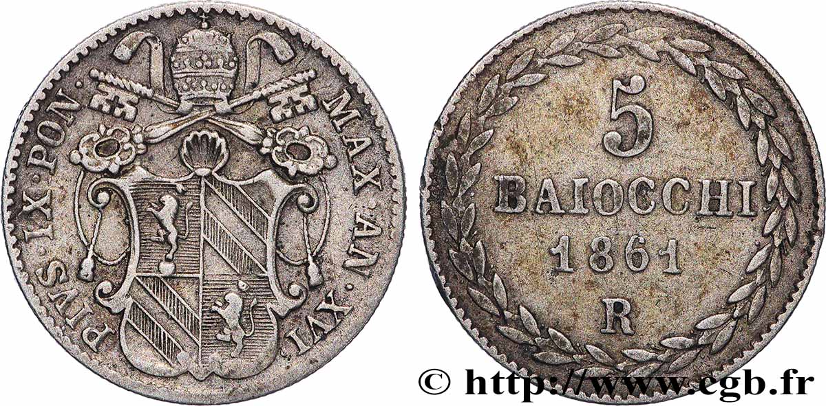 ITALIE - ÉTATS DU PAPE - PIE IX (Jean-Marie Mastai Ferretti) 5 Baiocchi an XVI 1861 Rome TTB 
