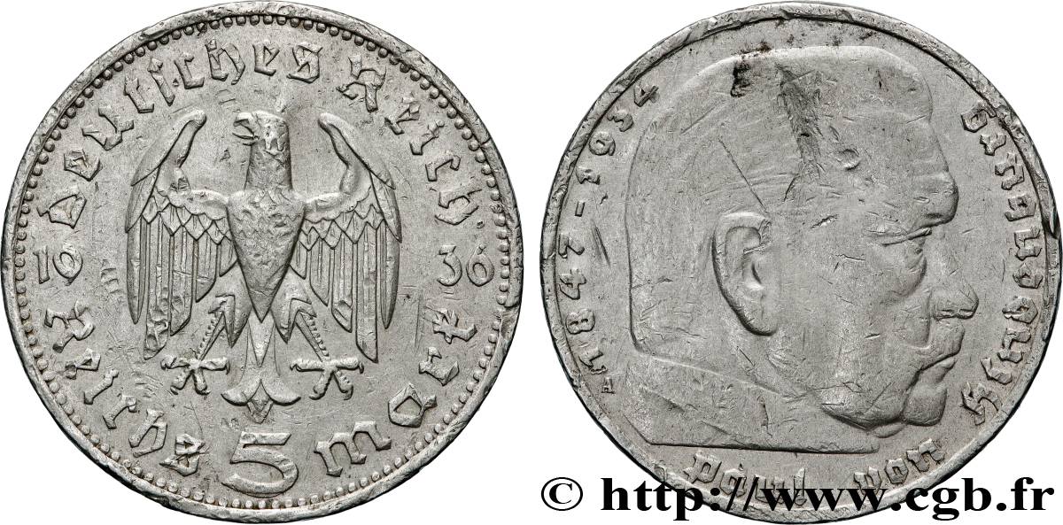 GERMANY 5 Reichsmark Maréchal Paul von Hindenburg 1936 Berlin VF 