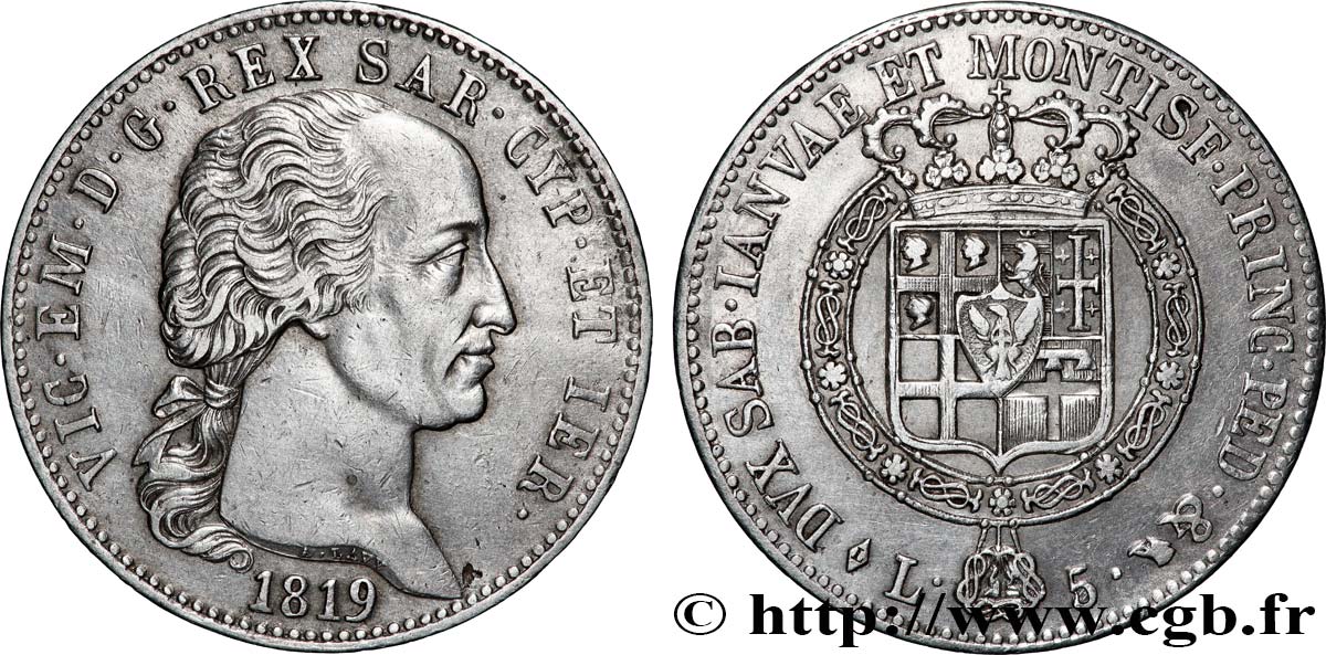 ITALIE - ROYAUME DE SARDAIGNE - VICTOR-EMMANUEL Ier 5 Lire  1819 Turin AU 