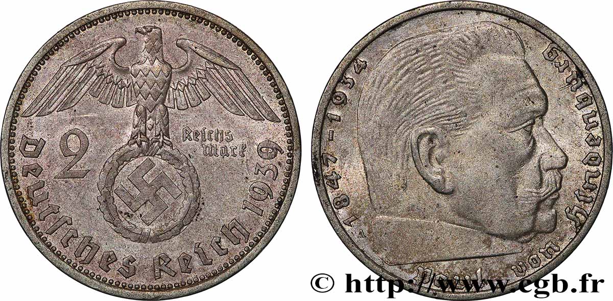 ALLEMAGNE 2 Reichsmark Maréchal Paul von Hindenburg 1939 Berlin TTB+ 