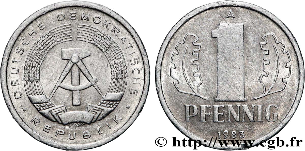 ALLEMAGNE RÉPUBLIQUE DÉMOCRATIQUE 1 Pfennig emblème de la RDA 1983 Berlin TTB+ 