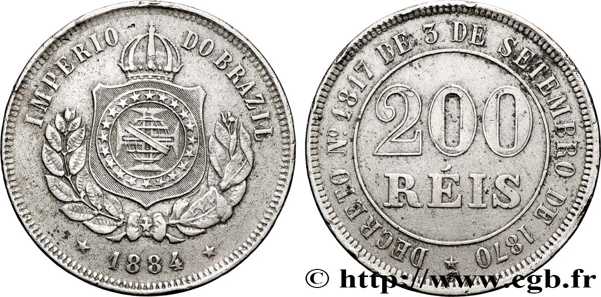 BRÉSIL - EMPIRE DU BRÉSIL - PIERRE II 200 Reis  1884  TTB 