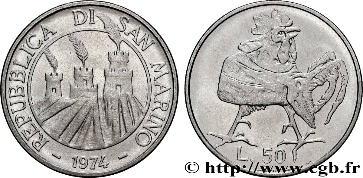 SAINT-MARIN 50 Lire vue des 3 chateaux / coq 1974 Rome SPL 