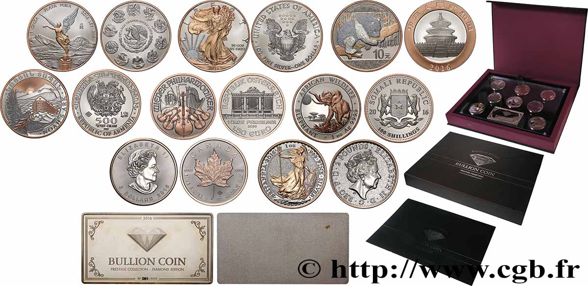 LOTS DE MONNAIES DU MONDE Coffret Prestige 8 monnaies en argent plaqué de platine, or rose et poudre de diamants 2016  FDC 