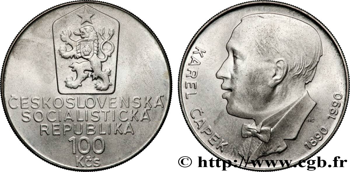 TCHÉCOSLOVAQUIE 100 Korun Centenaire de la naissance de Karel Capek 1990  SUP 