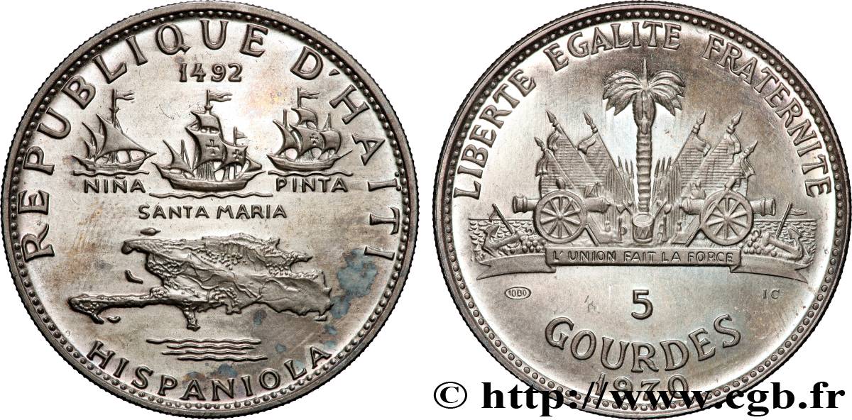 HAÏTI 5 Gourdes découverte d’hispaniola par Christophe Colomb  1970  SPL 
