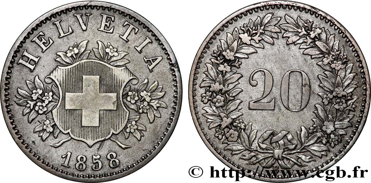 SWITZERLAND 20 Centimes (Rappen) croix suisse 1858 Berne XF 
