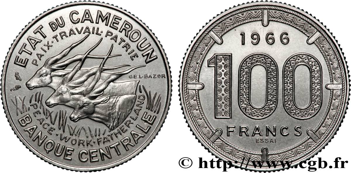 KAMERUN Essai de 100 Francs Etat du Cameroun, commémoration de l’indépendance, antilopes 1966 Paris fST 
