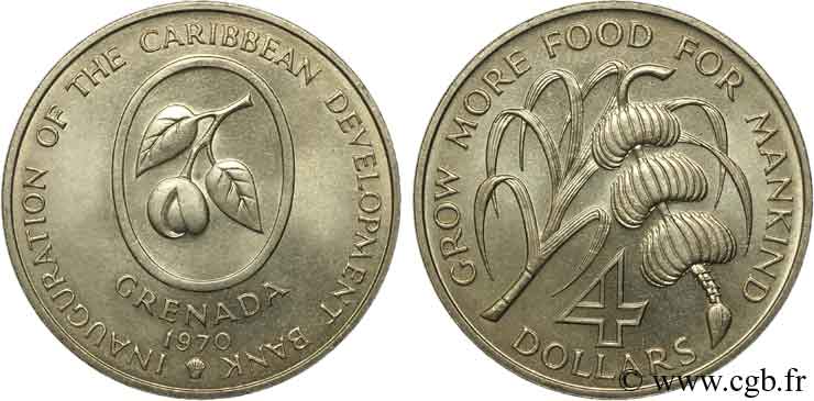 GRENADA 4 Dollars inauguration de la Banque de Développement des Caraïbes / canne à sucre et régime de bananes 1970  MS 