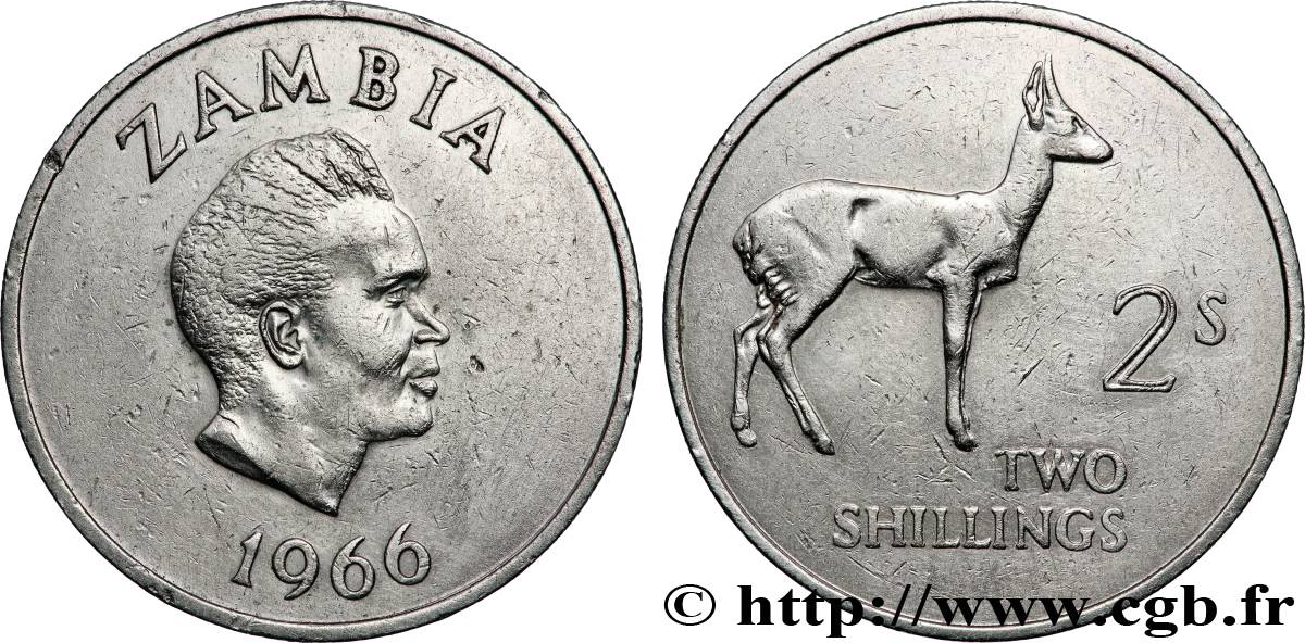 ZAMBIE 2 Shillings Président Kaunda / cobe des roseaux (antilope) 1966 Londres TTB+ 