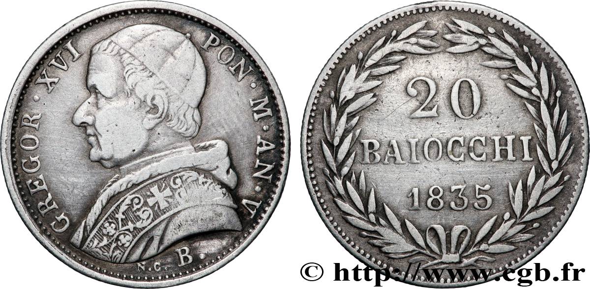 VATICAN AND PAPAL STATES 20 Baiocchi Grégoire XVI an V 1835 Bologne XF 