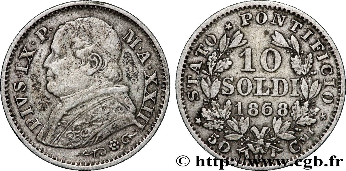 VATICAN AND PAPAL STATES 10 Soldi (50 Centesimi) Pie IX an XXII 1868 Rome XF 