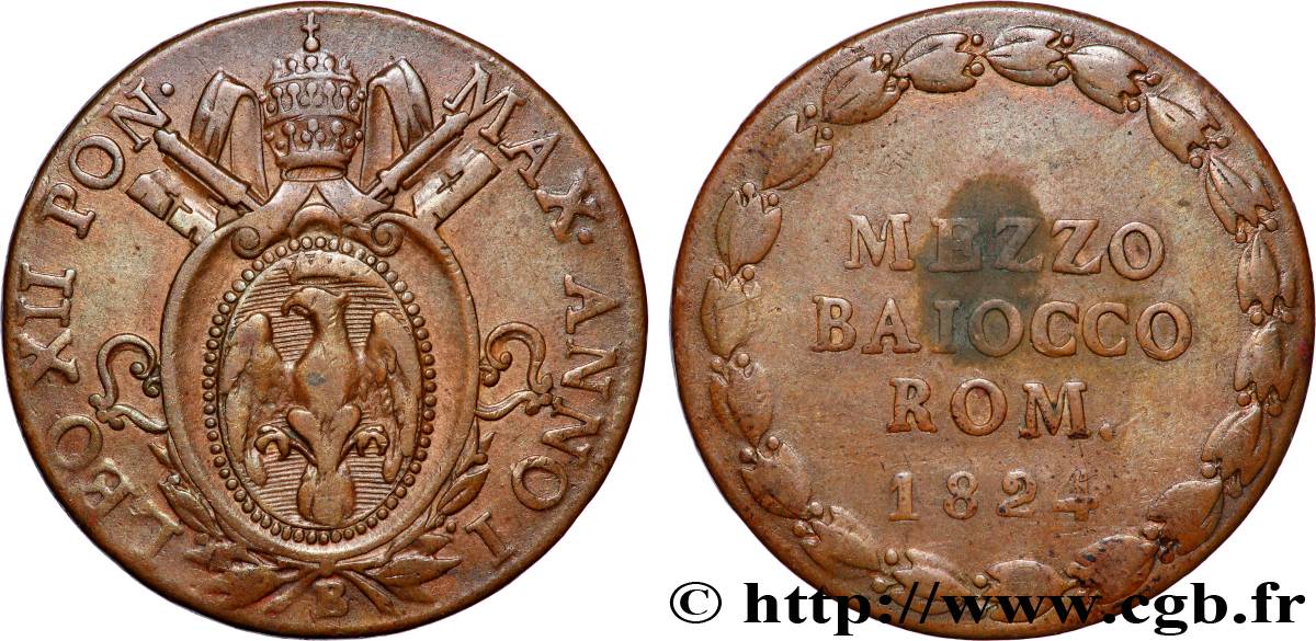 VATICAN ET ÉTATS PONTIFICAUX 1/2 Baiocco 1824 Bologne TB+ 