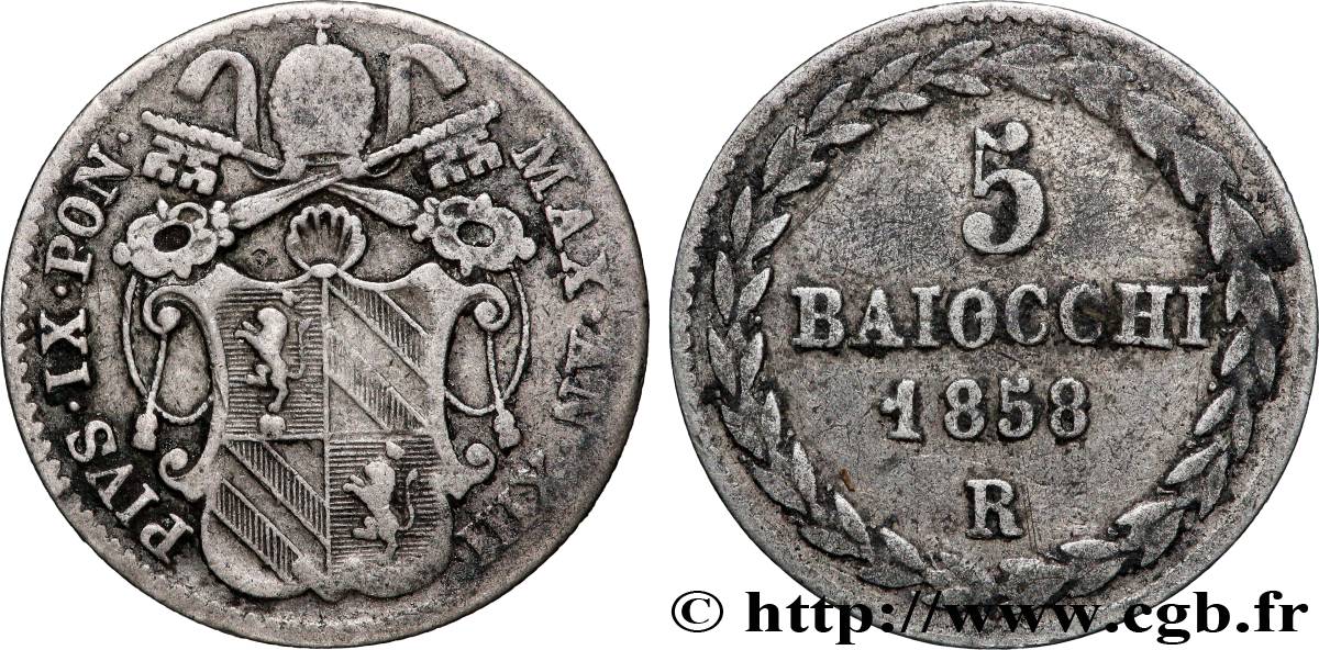 ITALIE - ÉTATS DU PAPE - PIE IX (Jean-Marie Mastai Ferretti) 5 Baiocchi an XIII 1858 Bologne TTB 
