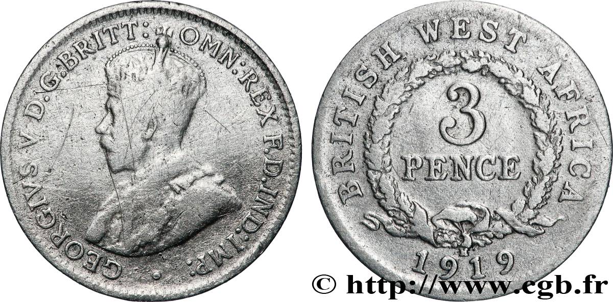 BRITISH WEST AFRICA 3 Pence Georges V 1919 Heaton VF 