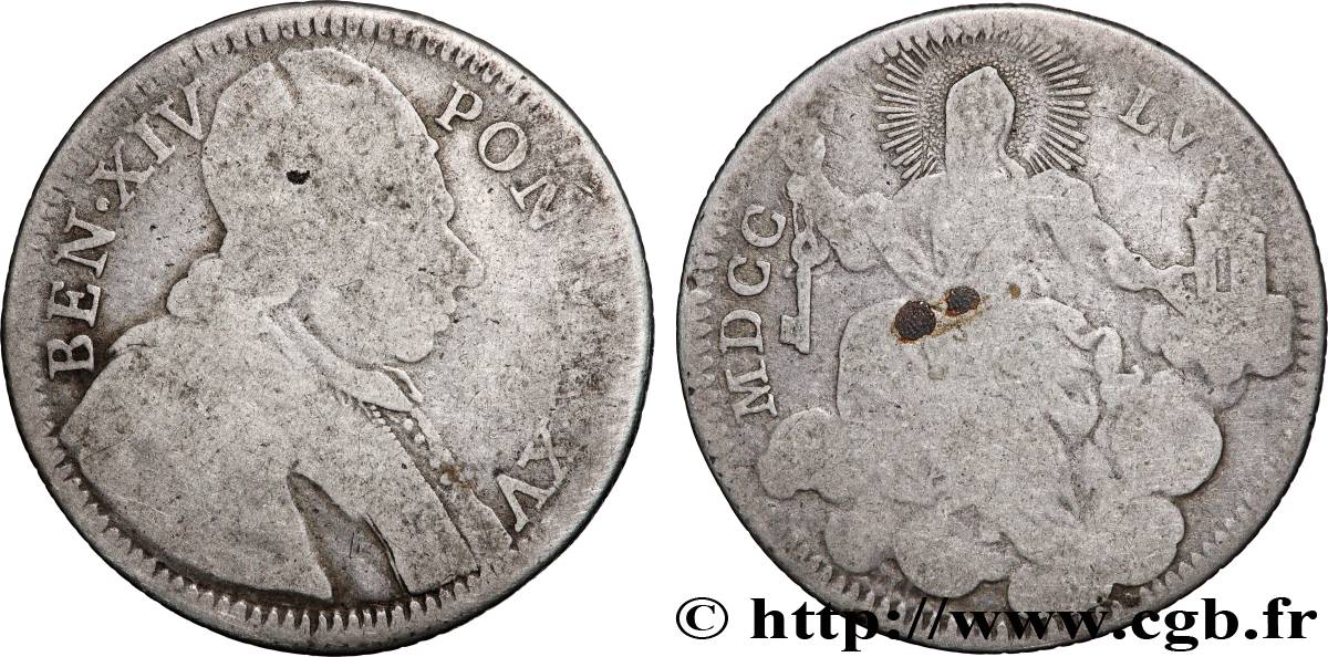 ITALY - PAPAL STATES - BENEDICT XIV (Prospero Lambertini) Doppio Giulio an XV 1755 Rome VF 