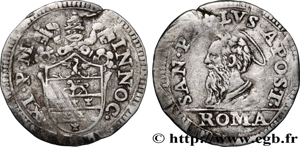 ITALY - PAPAL STATES - INNOCENT XI (Benedetto Odescalchi) 1/2 Grosso  (1676-1689)  VF 