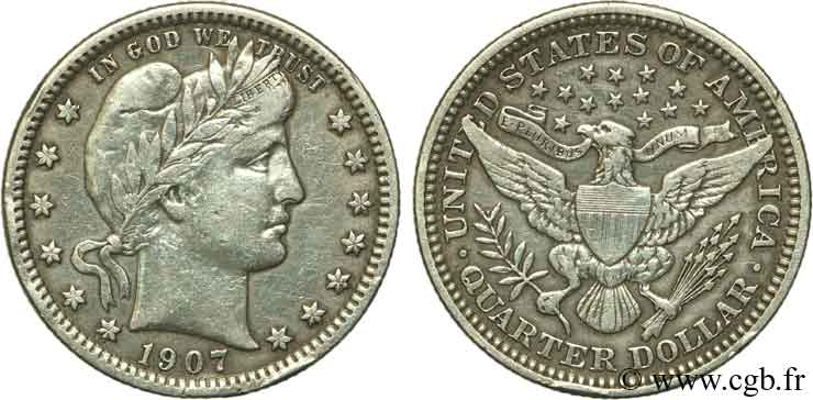 UNITED STATES OF AMERICA 1/4 Dollar Barber 1907 Philadelphie XF 