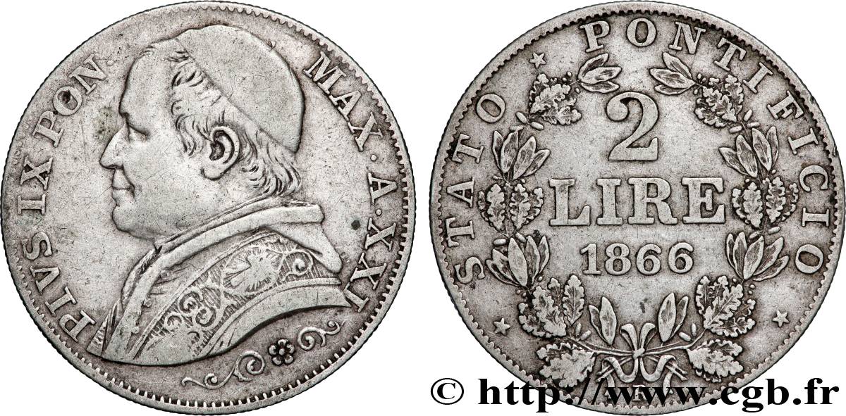VATICAN AND PAPAL STATES 2 Lire Pie IX an XXI 1866 Rome XF 