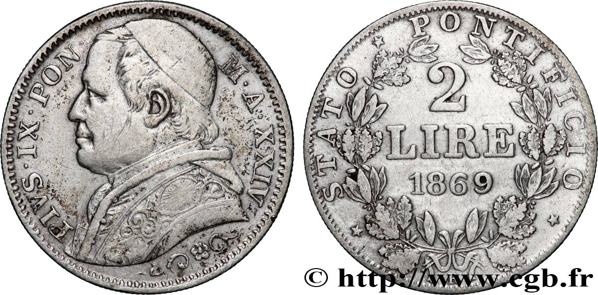 VATICAN ET ÉTATS PONTIFICAUX 2 Lire Pie IX an XXIV 1869 Rome TTB 