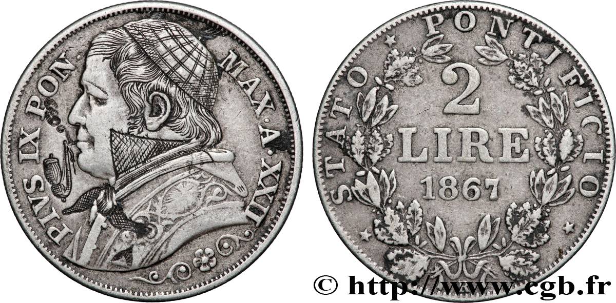 VATICAN ET ÉTATS PONTIFICAUX 2 Lire Pie IX an XXII, regravé 1867 Rome TTB 