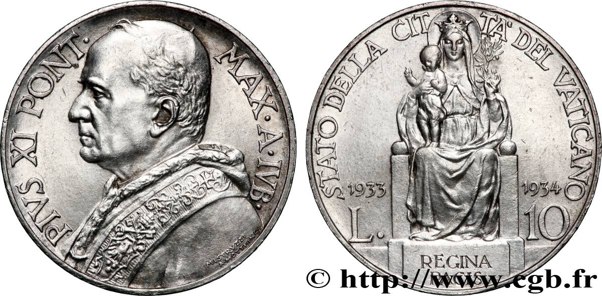 VATICAN AND PAPAL STATES 10 Lire Pie XI  1934 Rome AU 