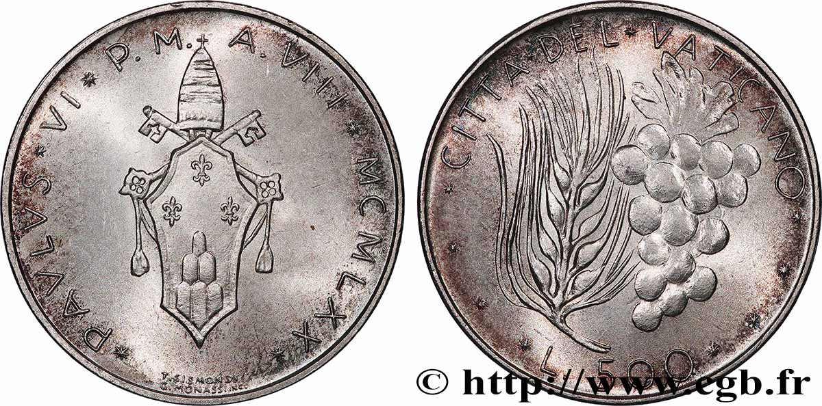 VATICANO E STATO PONTIFICIO 500 Lire frappe au nom de Paul VI an VIII 1970 Rome MS 