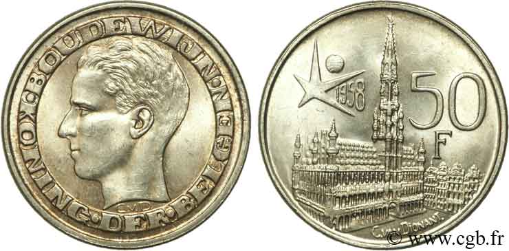 BELGIQUE 50 Francs Exposition Universelle de Bruxelles, Baudouin Ier, Grand-Place de Bruxelles légende flamande 1960  SPL 