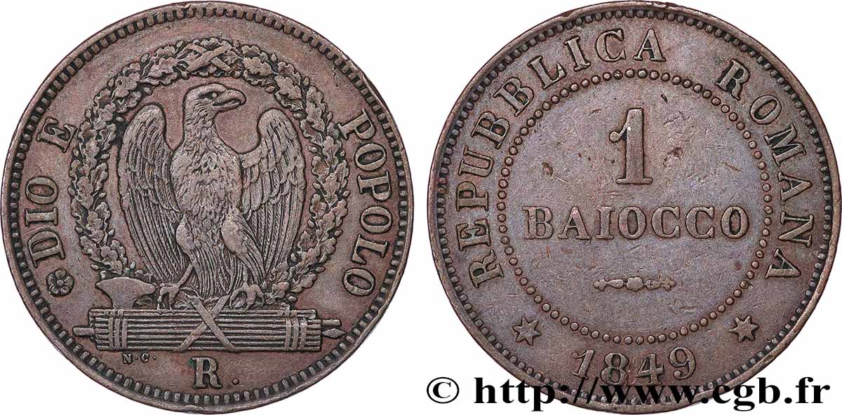 ITALY - ROMAN REPUBLIC 1 Baiocco 1849 Rome XF 