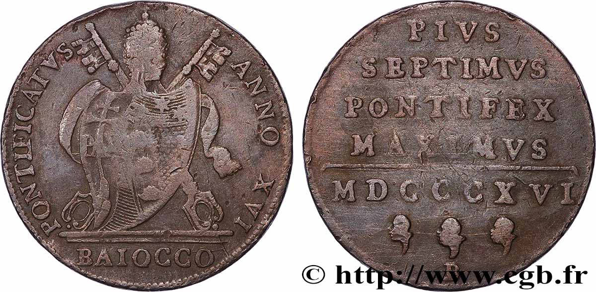 ITALY - PAPAL STATES - PIUS VII (Barnaba Chiaramonti) 1 Baiocco an XVII 1816 Bologne VF 