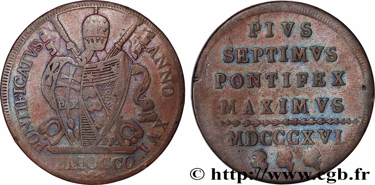 ITALIEN - KIRCHENSTAAT - PIUS VII. (Barnaba Chiaramonti) 1 Baiocco an XVII 1816 Bologne fSS 