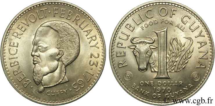 GUYANA 1 Dollar portrait de l’esclave Cuffy, chef de la révolte de Berbice en 1763 1970  SC 
