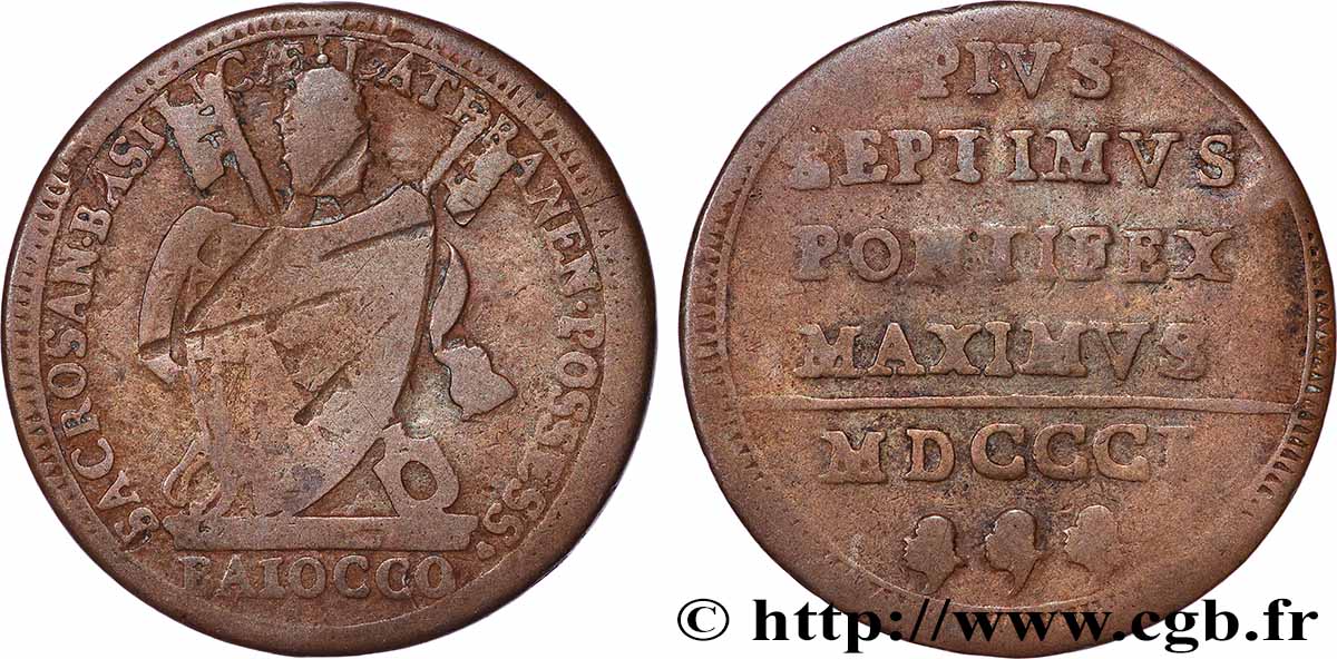 ITALY - PAPAL STATES - PIUS VII (Barnaba Chiaramonti) 1 Baiocco 1801 Rome VF 