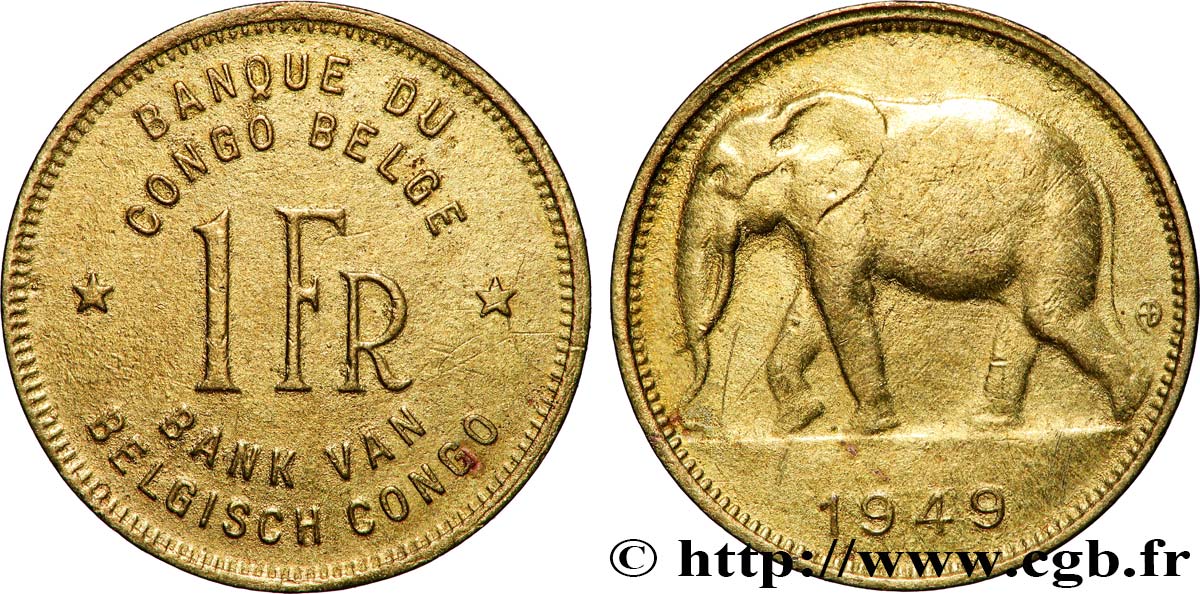CONGO BELGE 1 Franc éléphant 1946 Pretoria TB+ 