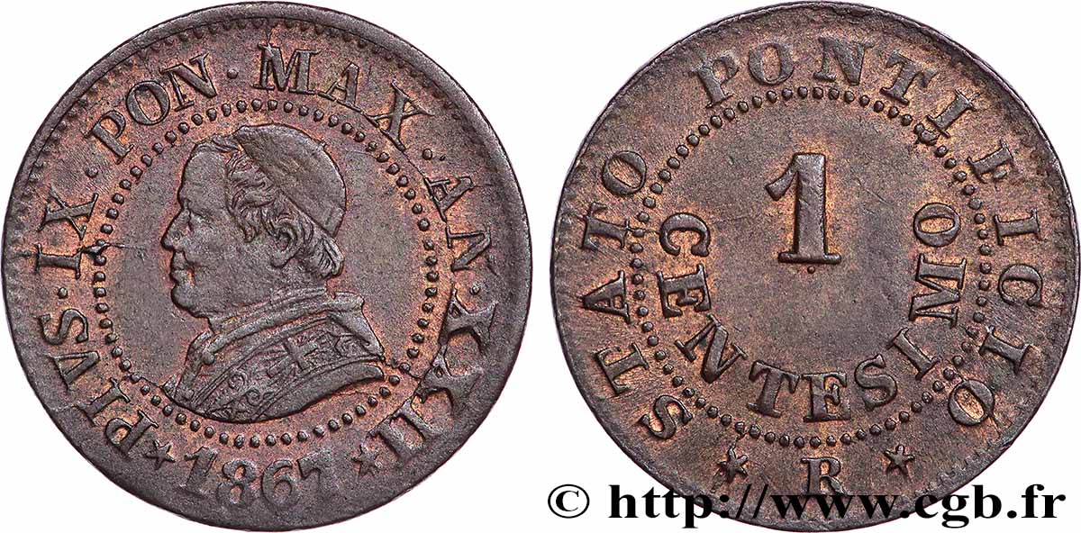 VATICANO Y ESTADOS PONTIFICIOS 1 Centesimo Pie IX an XXII 1867 Rome MBC+ 