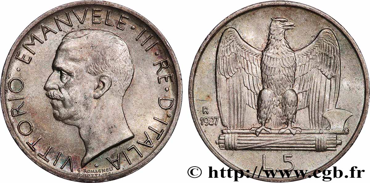 ITALY 5 Lire Victor Emmanuel III 1927 Rome AU 