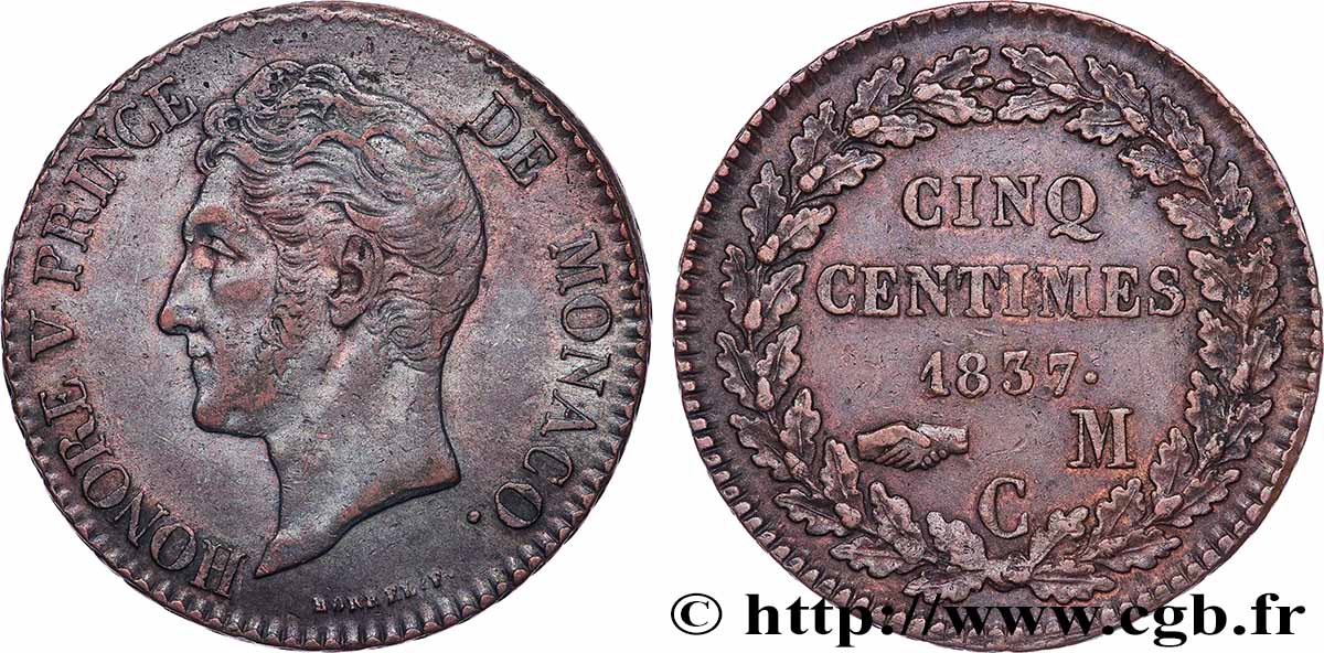 MONACO - HONORE V 5 Centimes petite tête en cuivre rouge 1837 Monaco XF 