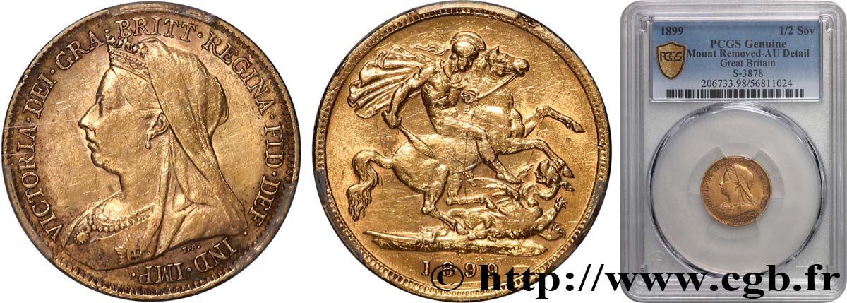 OR, PALLADIUM ET PLATINE INVESTISSEMENT 1/2 Souverain Victoria vieille tête 1899 Londres SUP PCGS