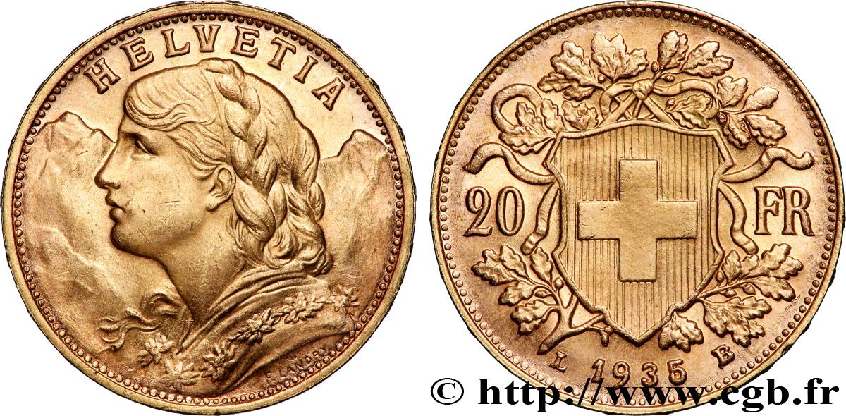 OR, PALLADIUM ET PLATINE INVESTISSEMENT 20 Francs &nbsp;Vreneli&nbsp; 1935 Berne SPL 